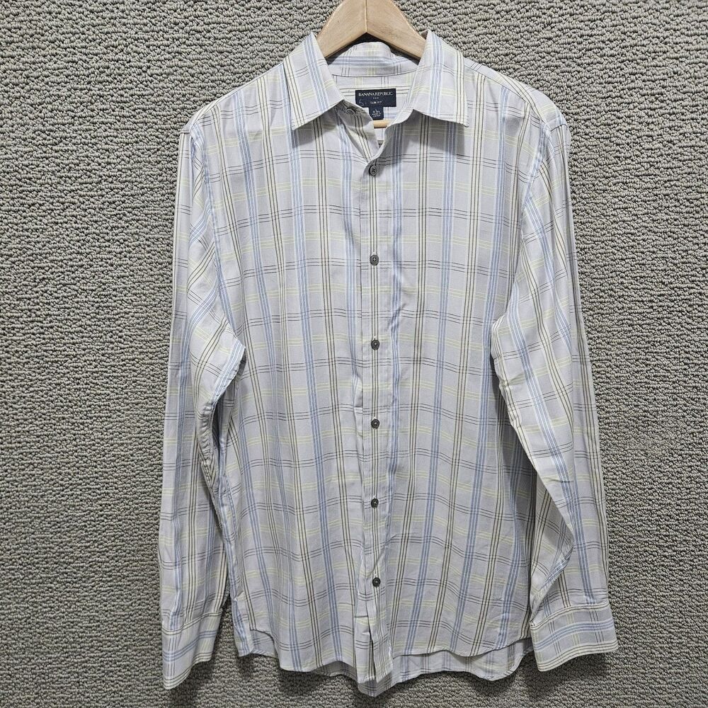BANANA REPUBLIC Men's Light Blue Plaid Long Sleeve Button Up Shirt Size L